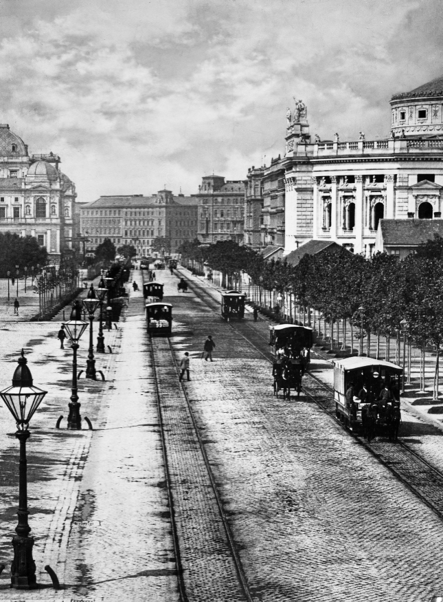 Pferdetramway am Ring beim Burgtheater um 1890