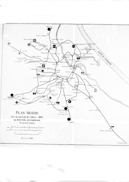 Planskizze über die mit Ende des Jahres 1897 in Betrieb gestandenen Tramway Linien. Auch die elektrisch betriebene Transversallinie
