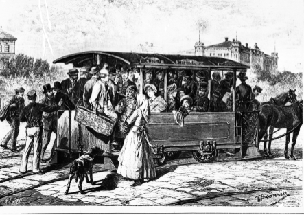 Vorortetramway in Wien Zeichnung von Theodor Breidwiser. Aus Neue Illustrierte Zeitung 1. Band 1885 Nr. 26 Seite 409