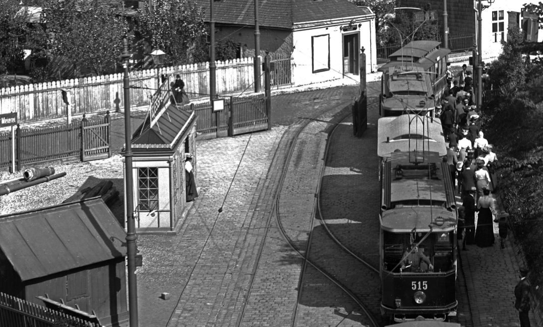 Straßenbahnzug der Tpye G mit Beiwagen in  der alten Endstelle in Neuwaldegg, jetzt Linie 43  um 1905