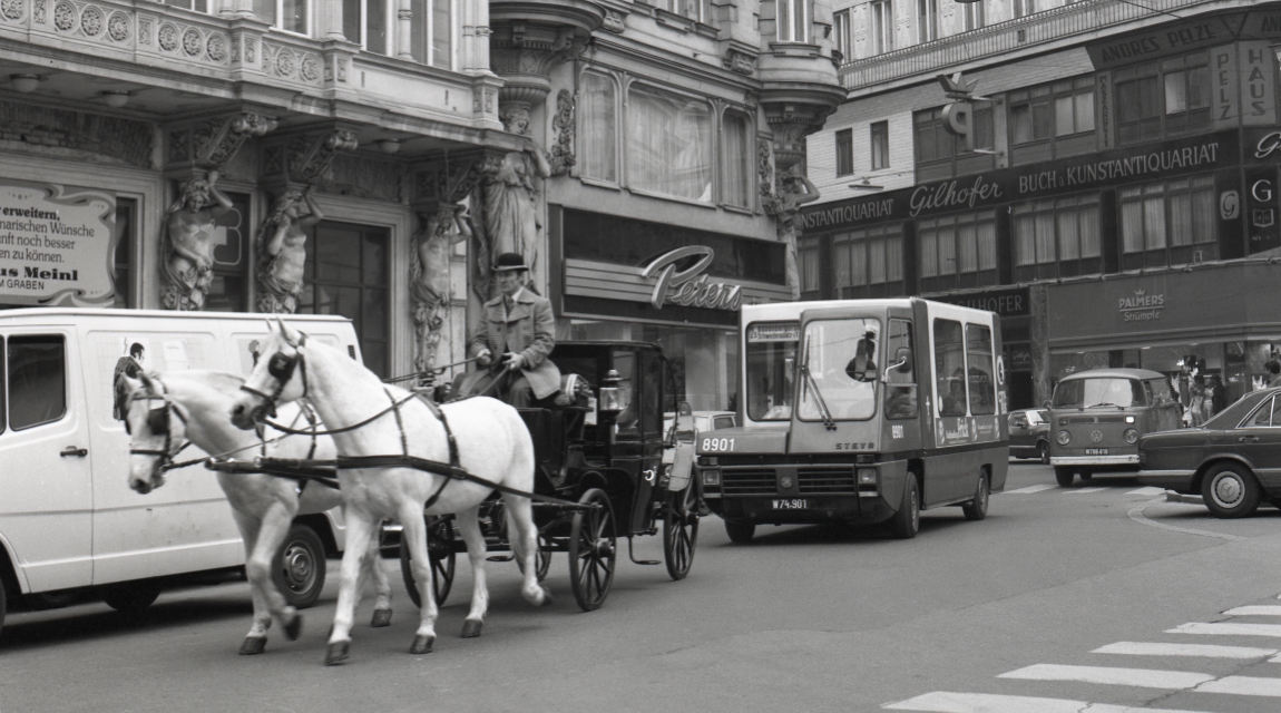 Steyr Citybus 8901 der Type S/SC 6F 55 als Linie 2s  am Graben, im Jahr 1981 unterwegs