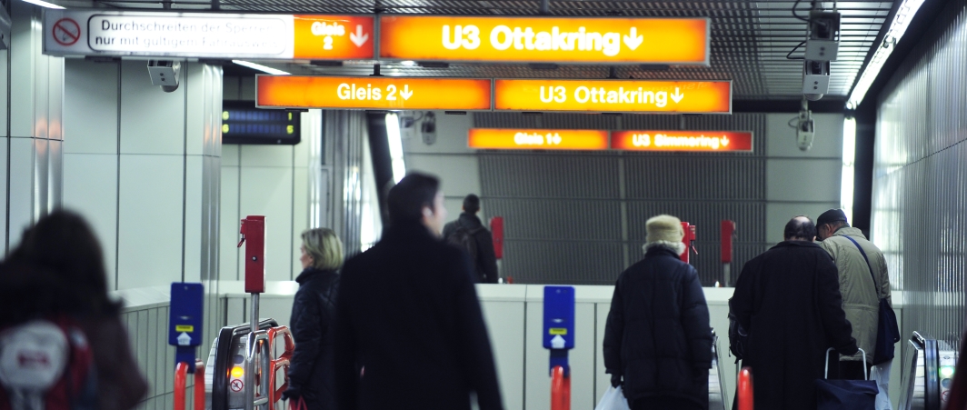 Anzeigetafel der U3 in der Station Neubaugasse.