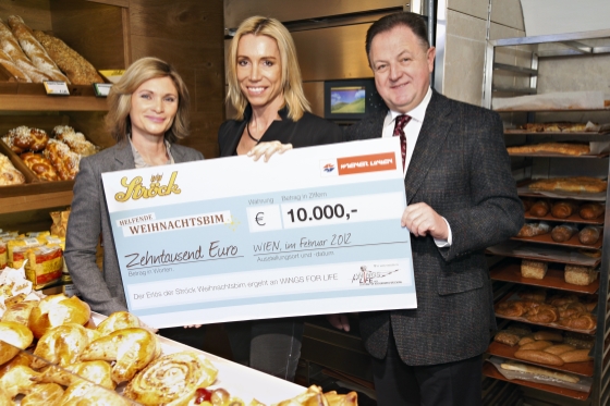 Geschäftsführer Eduard Winter überreicht mit Irene Ströck einen Spendenscheck über 10.000 Euro aus dem Erlös der Ströck-Weihnachtsbim 2011 an Anita Gerhardter von der Wings for Life-Stiftung für Rückenmarksforschung.