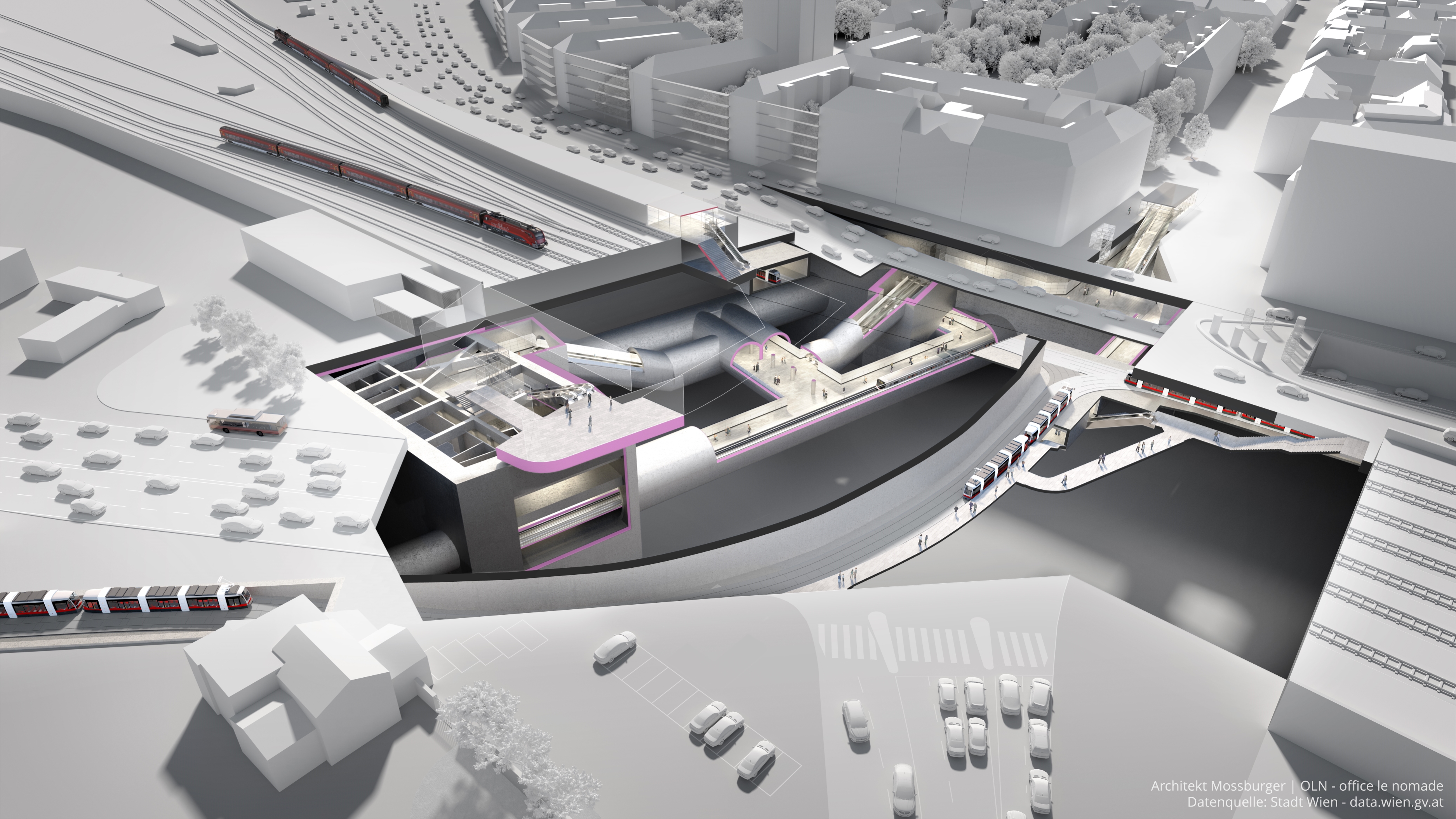 Visualisierung U2xS Matzleinsdorfer Platz. 3D-Visualisierungen geben einen Eindruck, wie die Stationen unterirdisch aussehen werden und wo es in Zukunft an die Oberfläche geht.