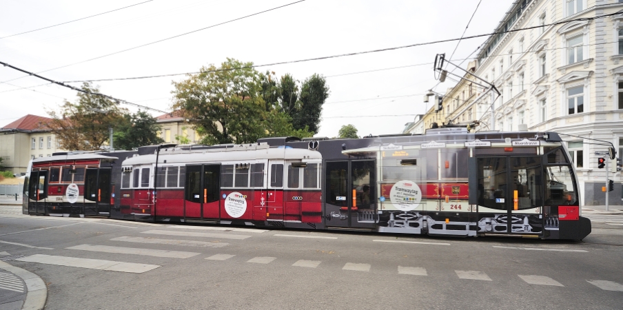 Eine eigens für den den Tramwaytag 2013 gestaltete Straßenbahn des Typs ULF verkehrt derzeit auf der Linie E zwischen Prater Hauptallee und Quartier Belverdere.