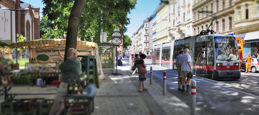 Straßenbahn der Linie 46, hier im Bild auf der Lerchenfelderstraße beim Markt nahe der Altlerchenfelder Kirche.