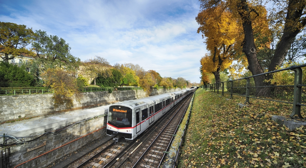 Zug der Linie U4 im Bereich zwischen Schönbrunn und Hietzing.