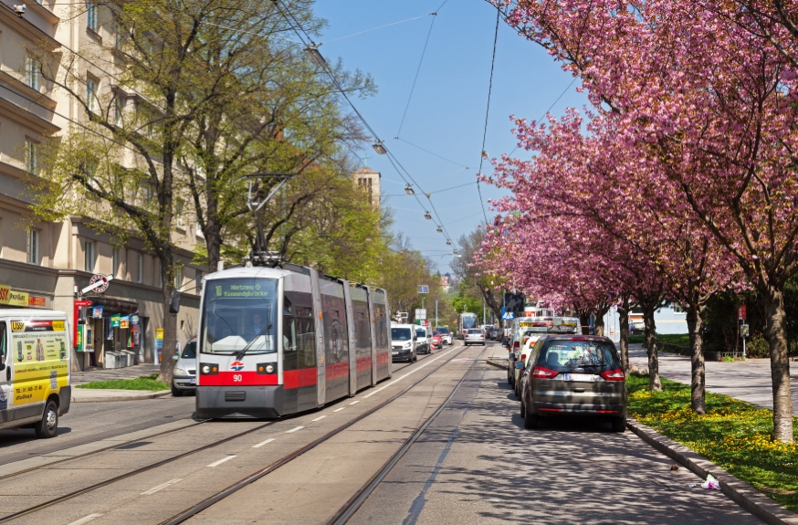 Linie 10 mit der Type A1, Sandleitengasse, Frühling 2016