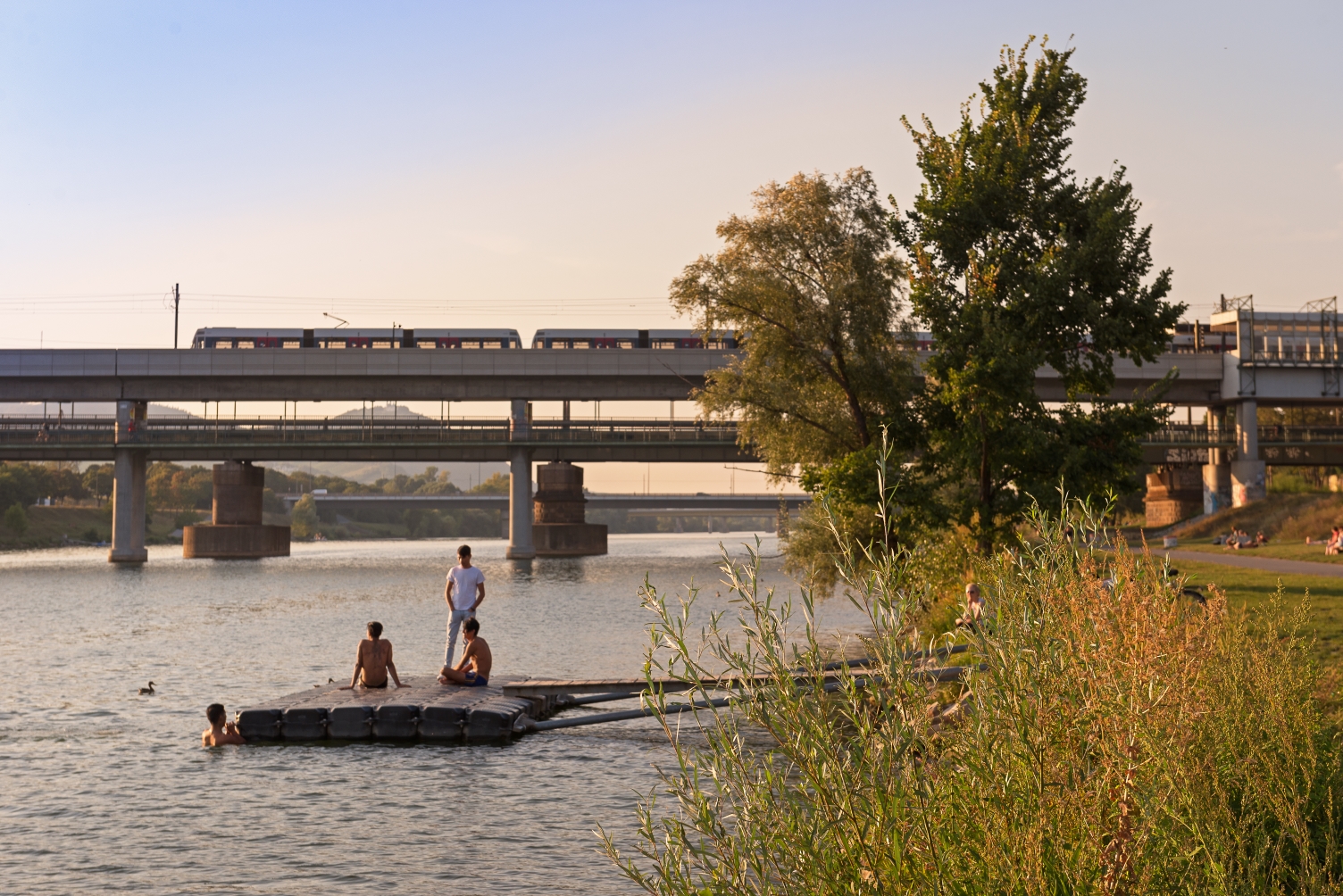 U6  Station Neue Donau mit T-Zug und Badegäste an der Donauinsel