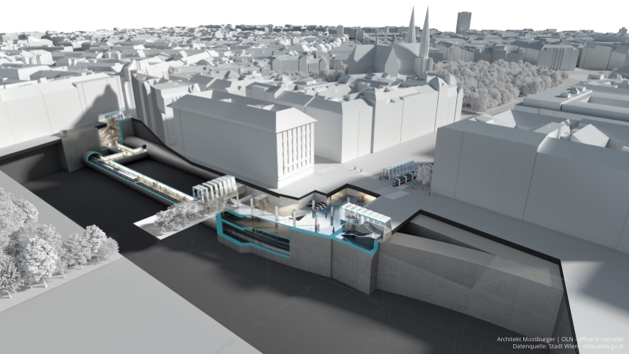 Visualisierung U5 Frankhplatz. 3D-Visualisierungen geben einen Eindruck, wie die Stationen unterirdisch aussehen werden und wo es in Zukunft an die Oberfläche geht.