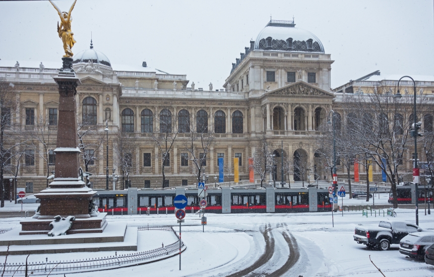 Die Linie 71 am Universitäts-Ring in Fahrtrichtung Börse bei Liebenbergdenkmal vor der Universität unterwegs