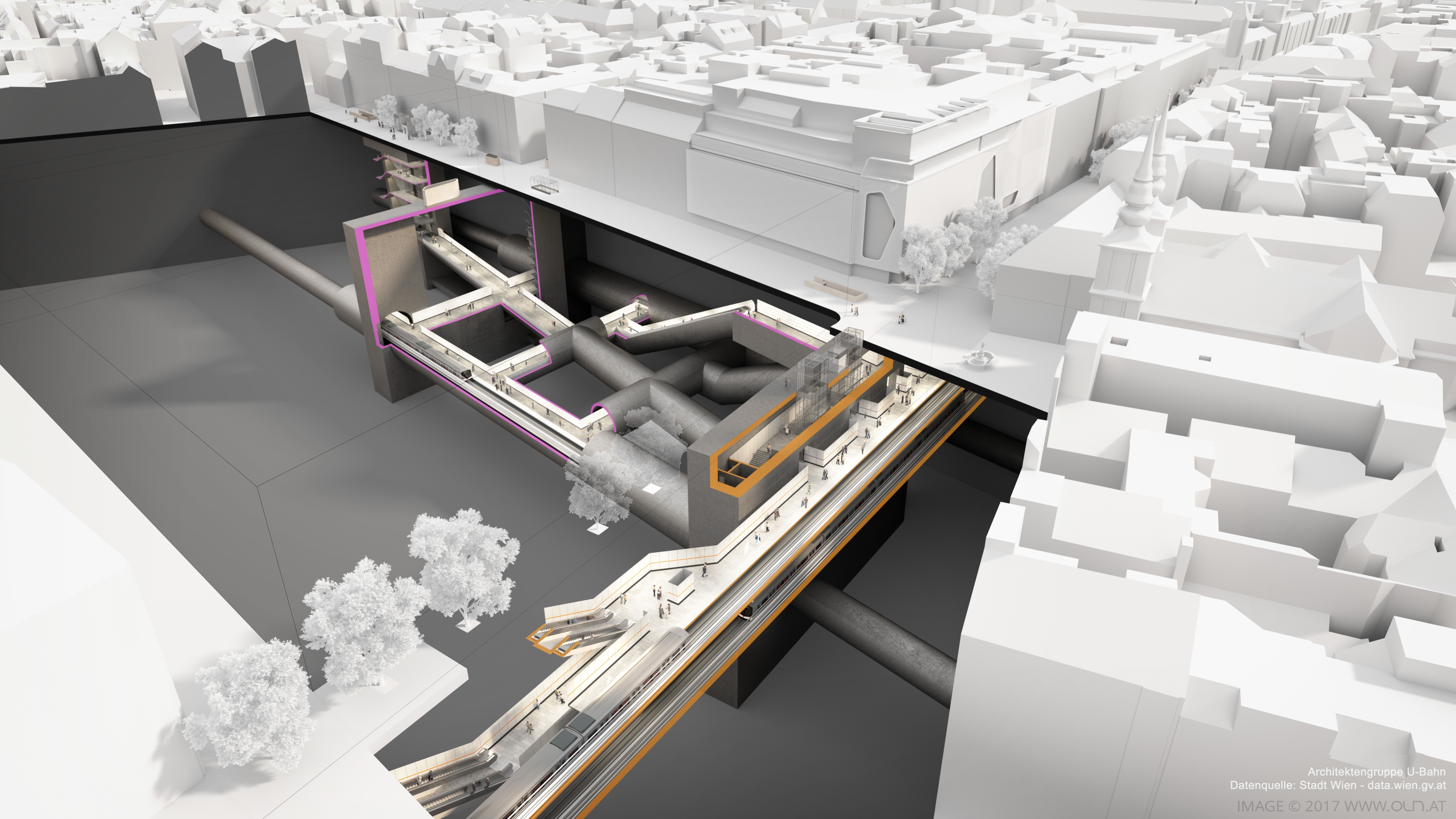 Visualisierung U2xU3 Neubaugasse. 3D-Visualisierungen geben einen Eindruck, wie die Stationen unterirdisch aussehen werden und wo es in Zukunft an die Oberfläche geht.