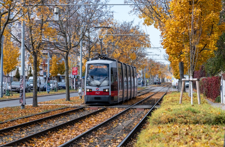 Triebwagen 747 der Type B1 auf der Linie 25 in Aspern unterwegs