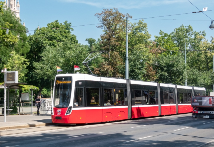 Die Linie 71 mit Regenbogenfahnen am Dr.Karl Renner RIng