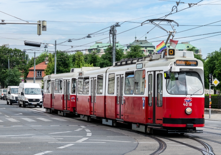 Die Linie D mit Regenbogenfahnen beim Quartier Belvedere